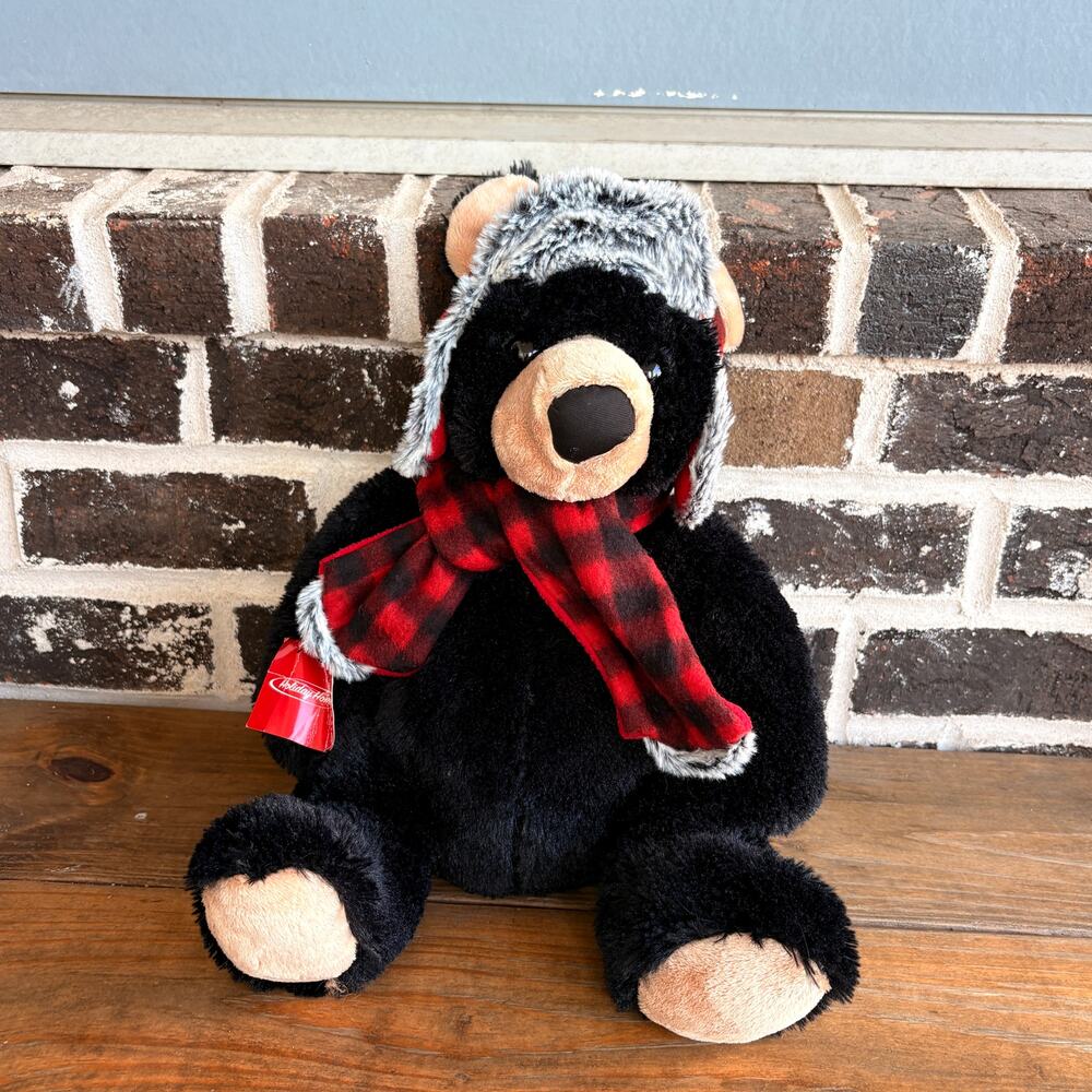 Holiday Home Black Bear Plush Buffalo Plaid Scarf Trapper Hat Christmas 2018